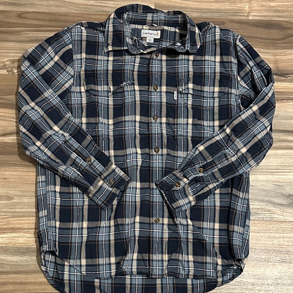 Carhartt Mens L Relaxed Fit Shirt Long Sleeve Pocket Plaid Blue Navy
